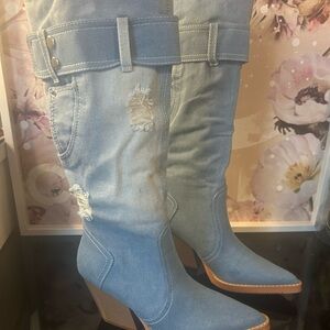 Stylish Light Blue Distressed Knee-High Boots